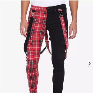 Hot topic half plaid and half Black cargo pants suspenders not included